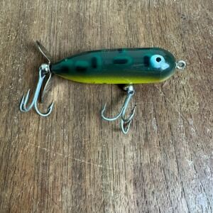 Heddon Baby Torpedo Wood Green Yellow Double Treble Hook Vintage Lure